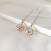 Teardrop Real Pressed Flower Earrings -  14k Gold Threader Earrings - Resin flower dangle earrings